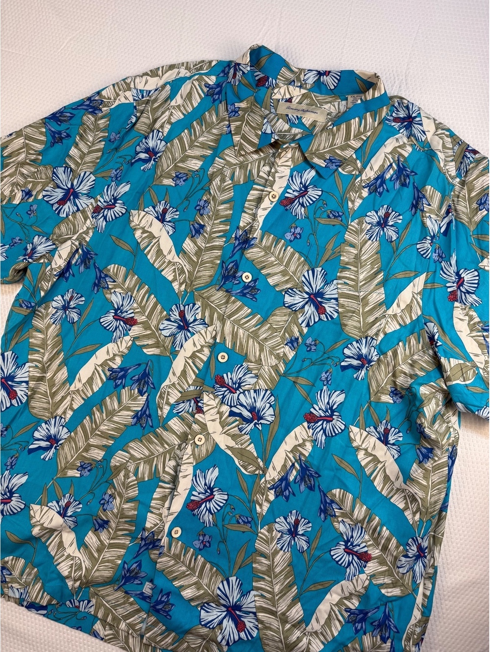 Tommy Bahama Men's XXL 100% Silk Hawaiian Shirt Blue Hibiscus Tropical Camp